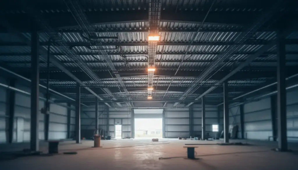 Steel-frame industrial building interior lit by its own high bay fixtures